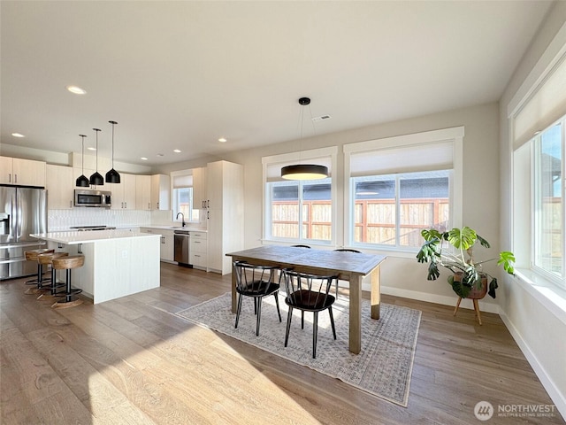 dining area featuring light wood-type flooring and plenty of natural light