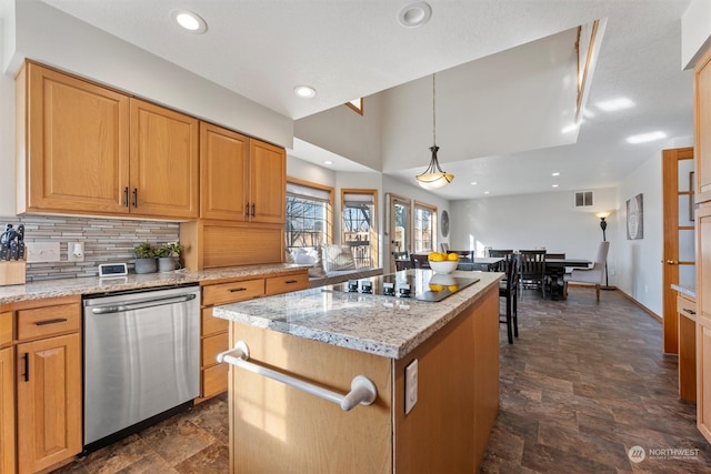 kitchen with a center island, light stone counters, black electric cooktop, decorative light fixtures, and stainless steel dishwasher