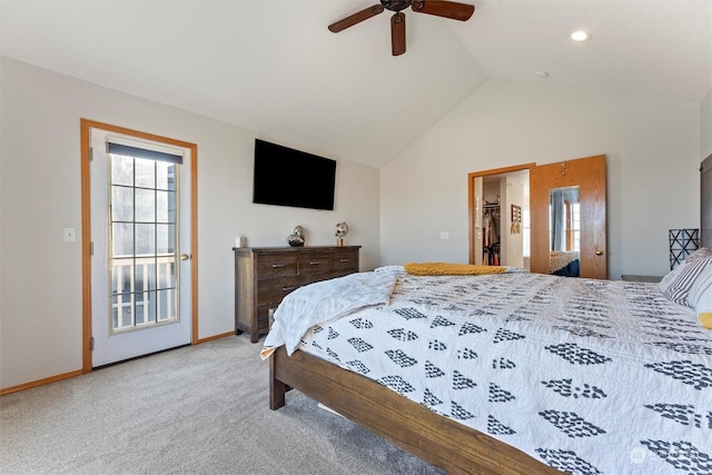 bedroom with light carpet, access to exterior, lofted ceiling, and ceiling fan