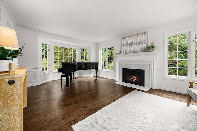 sitting room featuring crown molding, a high end fireplace, and dark wood-type flooring