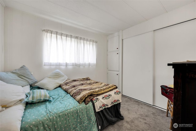 bedroom featuring a closet and light carpet