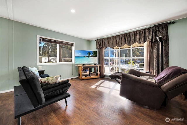 living room with a healthy amount of sunlight and dark hardwood / wood-style flooring