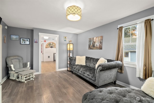 living room with dark hardwood / wood-style flooring