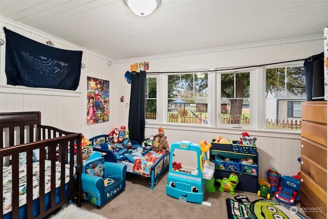 carpeted bedroom featuring a nursery area and multiple windows