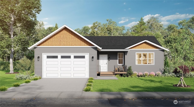 ranch-style home featuring a garage and a front yard