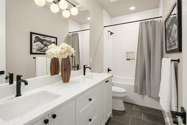 full bathroom featuring shower / bath combo, toilet, tile patterned floors, and vanity