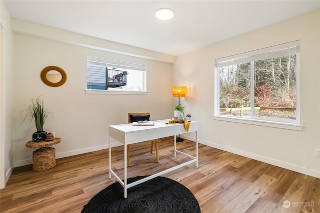 office with plenty of natural light and light hardwood / wood-style flooring