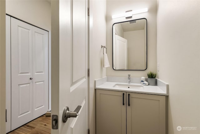 bathroom with vanity and wood-type flooring