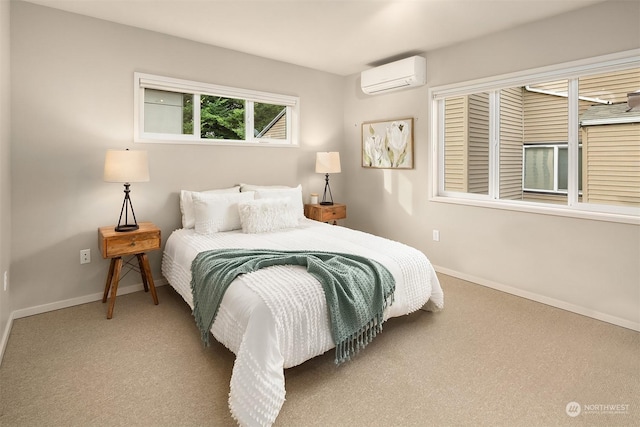 bedroom featuring carpet floors and an AC wall unit