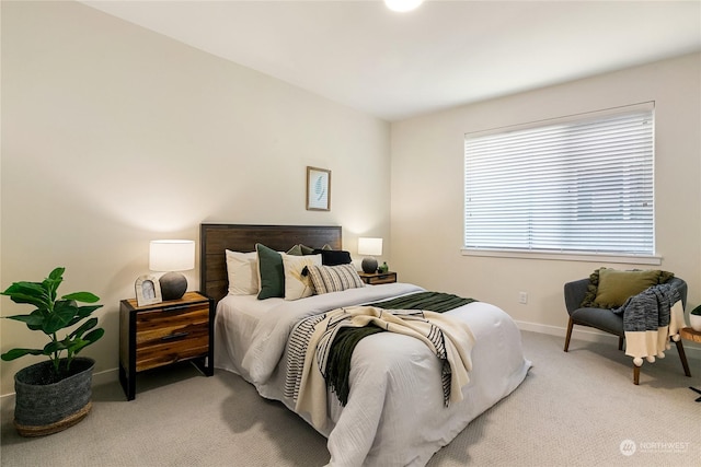 bedroom with light colored carpet