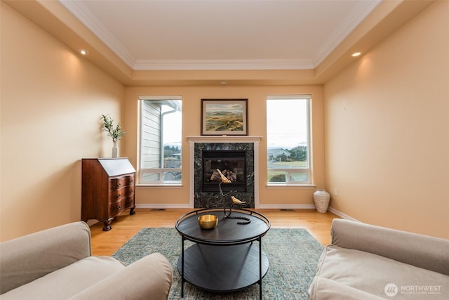 sitting room with a healthy amount of sunlight, light wood-type flooring, and a fireplace