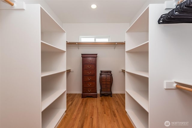 walk in closet with light wood finished floors