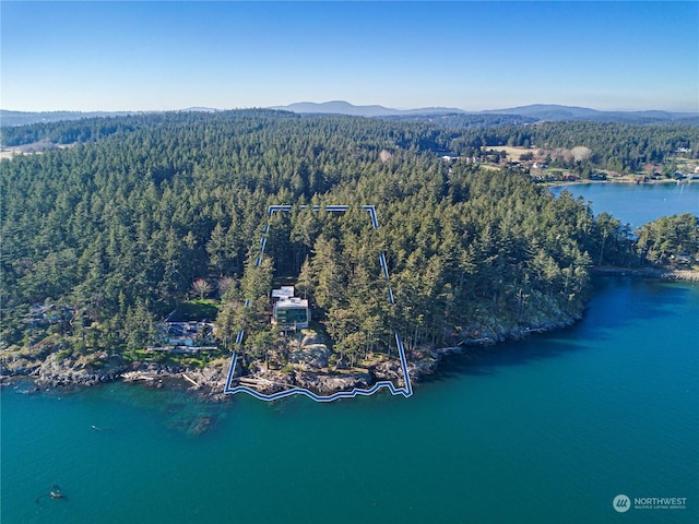 birds eye view of property with a water and mountain view