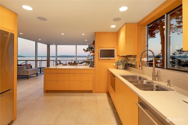 kitchen featuring appliances with stainless steel finishes, sink, backsplash, a wall of windows, and light brown cabinetry