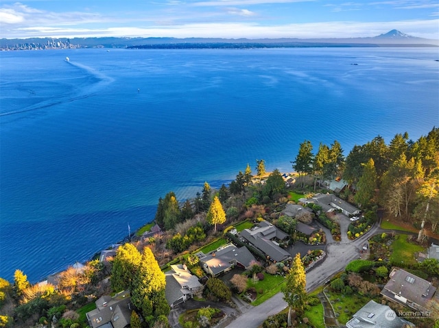 bird's eye view with a water and mountain view