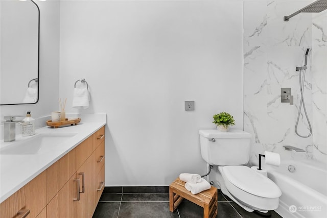 full bathroom with vanity, tile patterned flooring, tiled shower / bath combo, and toilet