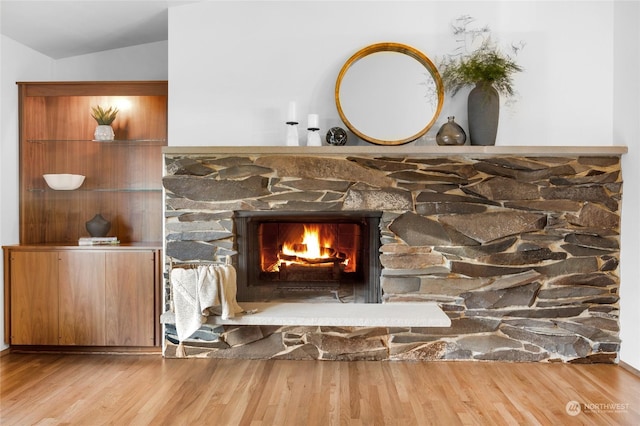 details with a stone fireplace and hardwood / wood-style floors