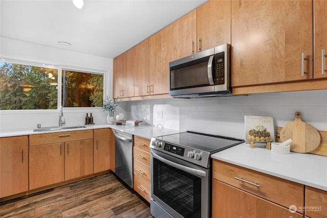 kitchen featuring sink, backsplash, dark wood-type flooring, and appliances with stainless steel finishes