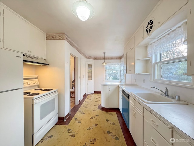 kitchen featuring white cabinetry, exhaust hood, white appliances, and decorative light fixtures