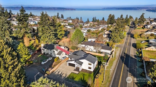 drone / aerial view featuring a water view