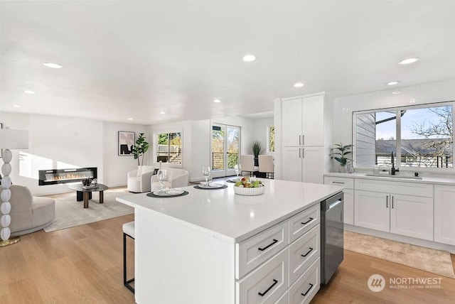 kitchen with sink, plenty of natural light, a center island, light hardwood / wood-style floors, and white cabinets