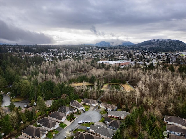 drone / aerial view featuring a mountain view