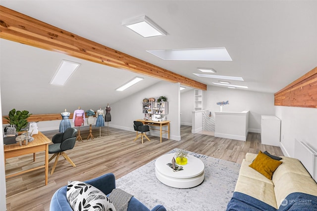 living room with lofted ceiling with beams and light wood-type flooring