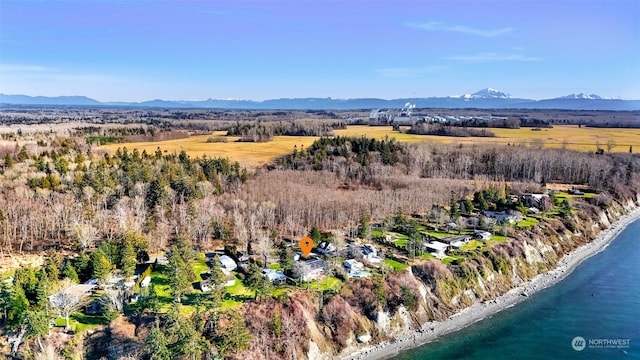 birds eye view of property with a water and mountain view