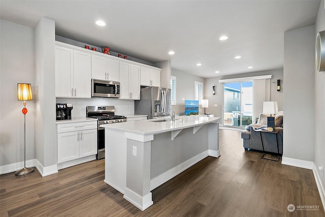 kitchen with sink, white cabinetry, tasteful backsplash, a center island with sink, and stainless steel appliances