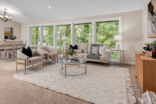 interior space featuring an inviting chandelier and lofted ceiling