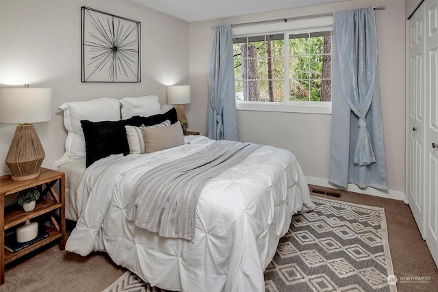 carpeted bedroom with a closet