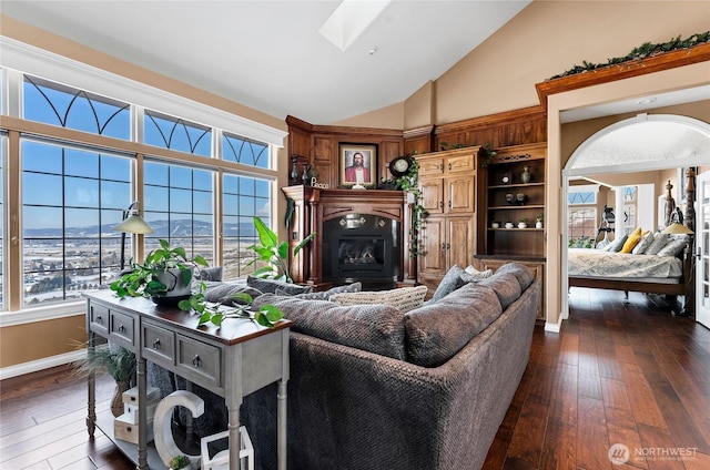 living room with dark wood-type flooring, high vaulted ceiling, and a skylight