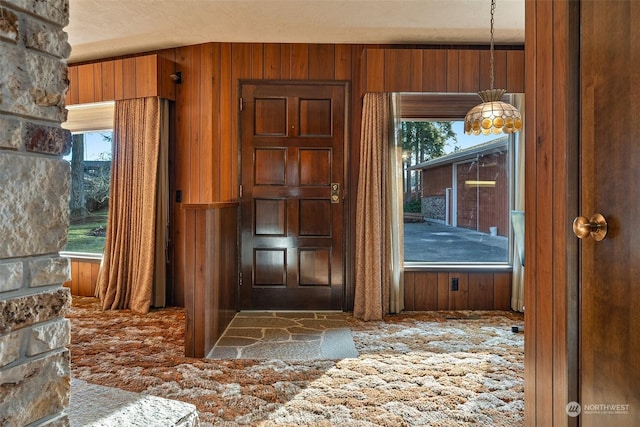 entryway with a healthy amount of sunlight and wooden walls