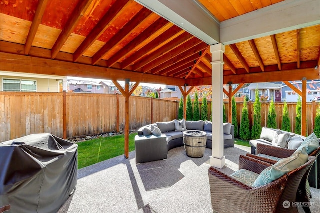 view of patio / terrace with a gazebo, area for grilling, and an outdoor hangout area