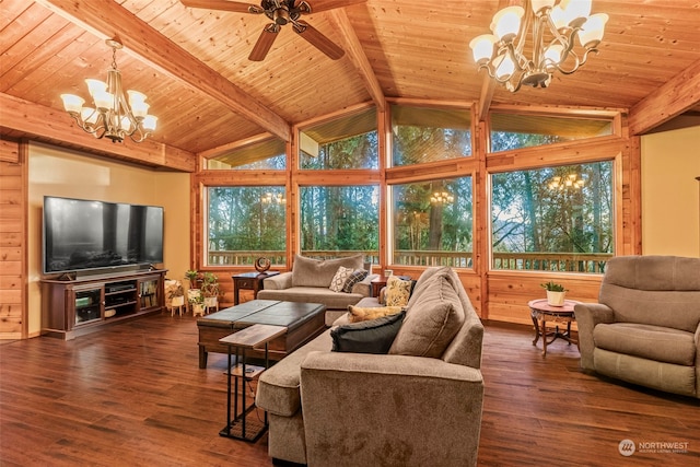 living room featuring wood ceiling, beamed ceiling, wooden walls, and dark hardwood / wood-style flooring