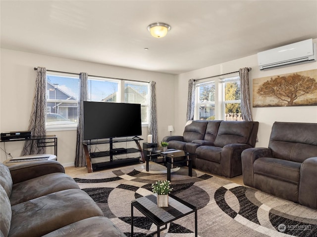 living room featuring an AC wall unit