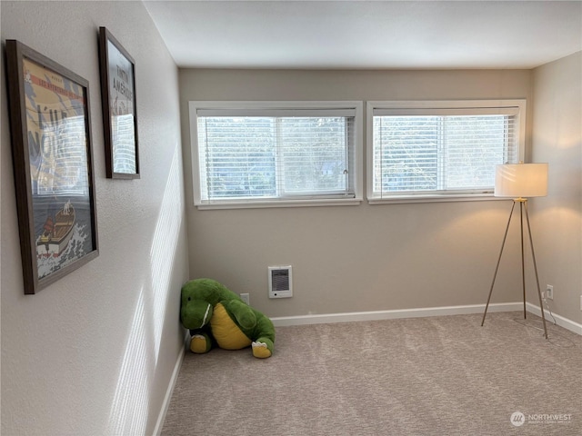 empty room featuring heating unit, a wealth of natural light, and carpet