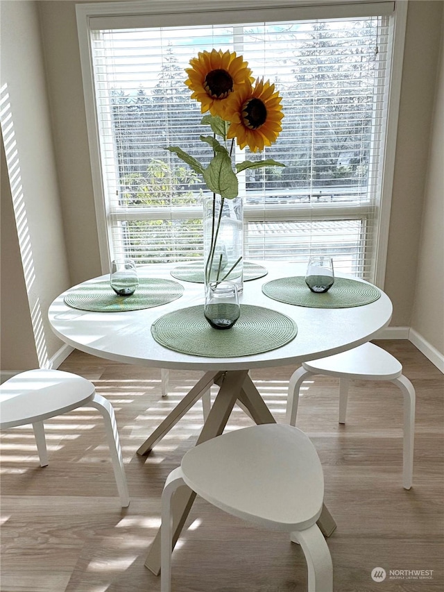 dining space with wood-type flooring