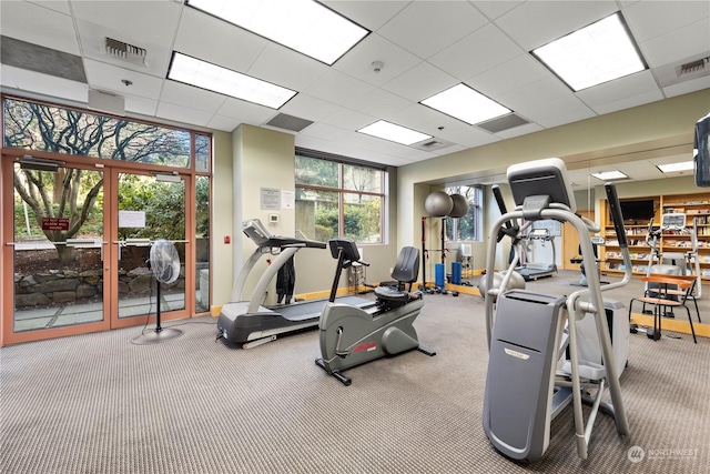 gym featuring a paneled ceiling and carpet