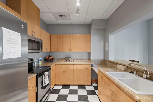 kitchen with appliances with stainless steel finishes, sink, a paneled ceiling, and light brown cabinetry