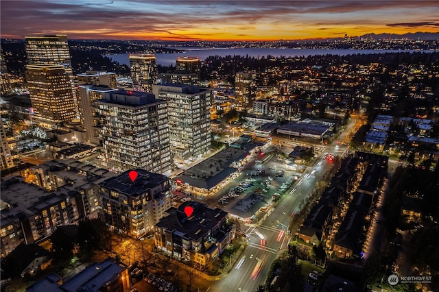 view of aerial view at dusk