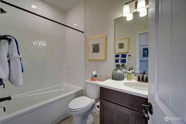 full bathroom featuring vanity, tub / shower combination, and toilet