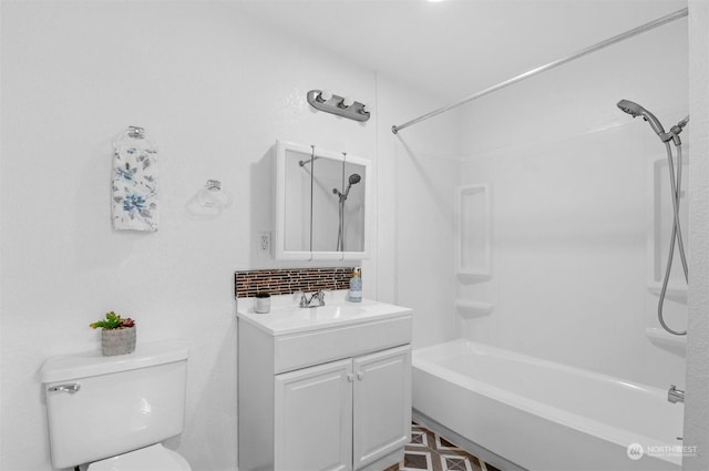 full bathroom with tasteful backsplash, shower / tub combination, vanity, and toilet