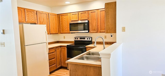 kitchen with black electric range oven, light hardwood / wood-style flooring, sink, and white refrigerator