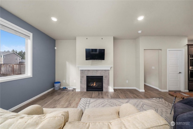 living room featuring light wood-type flooring and a fireplace