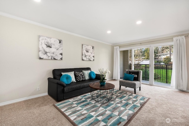 living room with crown molding and carpet floors