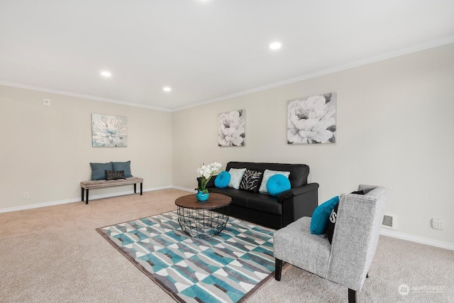 living room featuring light carpet and crown molding