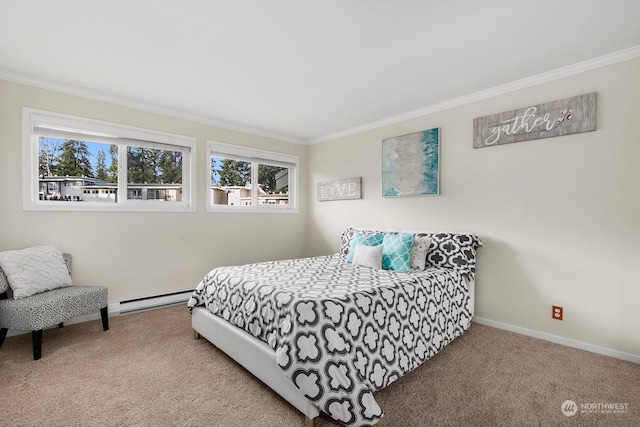 carpeted bedroom with a baseboard heating unit and ornamental molding