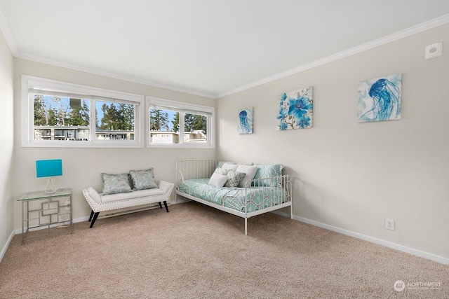 living area with ornamental molding and carpet floors