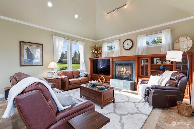 living room featuring crown molding, track lighting, and high vaulted ceiling